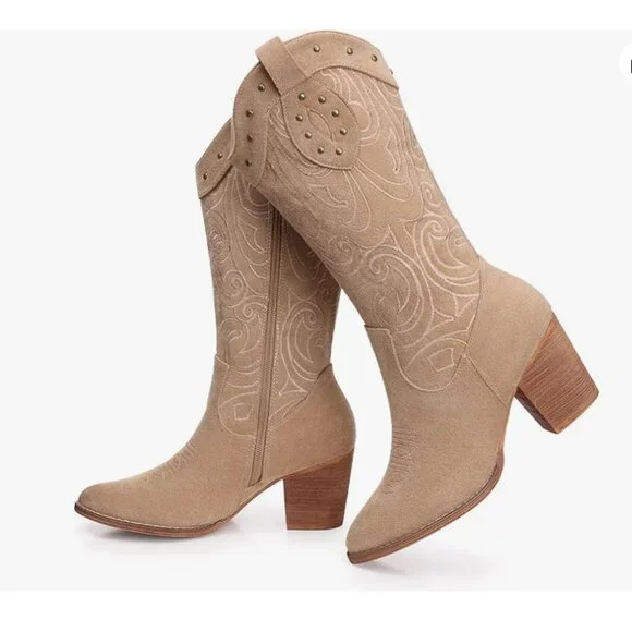 Wide Calf Western Pointed Toe Chunky Heel Boots